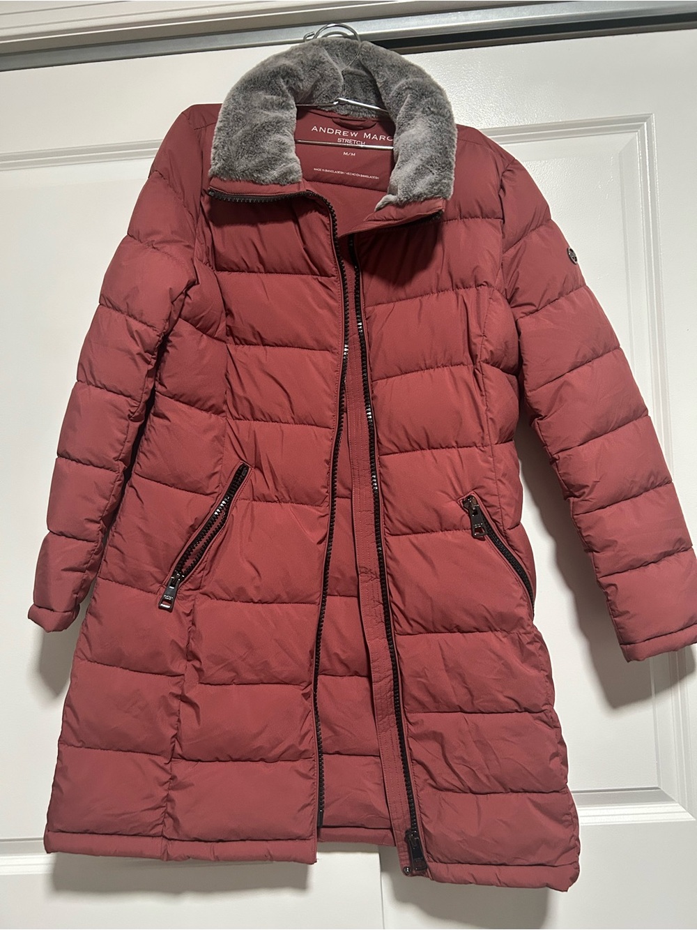 Andrew Marc Rust-Red Quilted Long Puffer Coat with Faux Fur Collar
